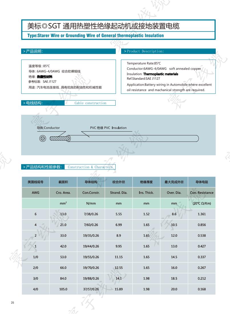美标SGT通用热塑性绝缘起动机或接地装置电缆
