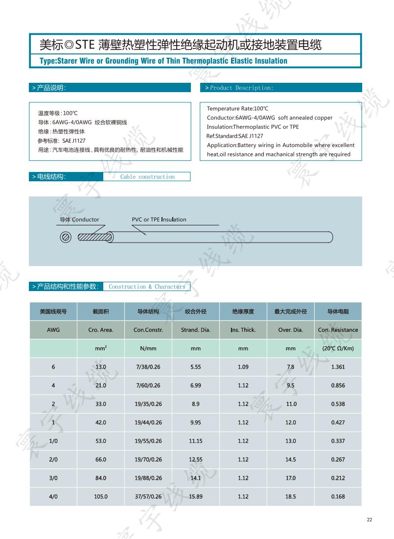 美标STE薄壁热塑性弹性绝缘起动机或接地装置电缆