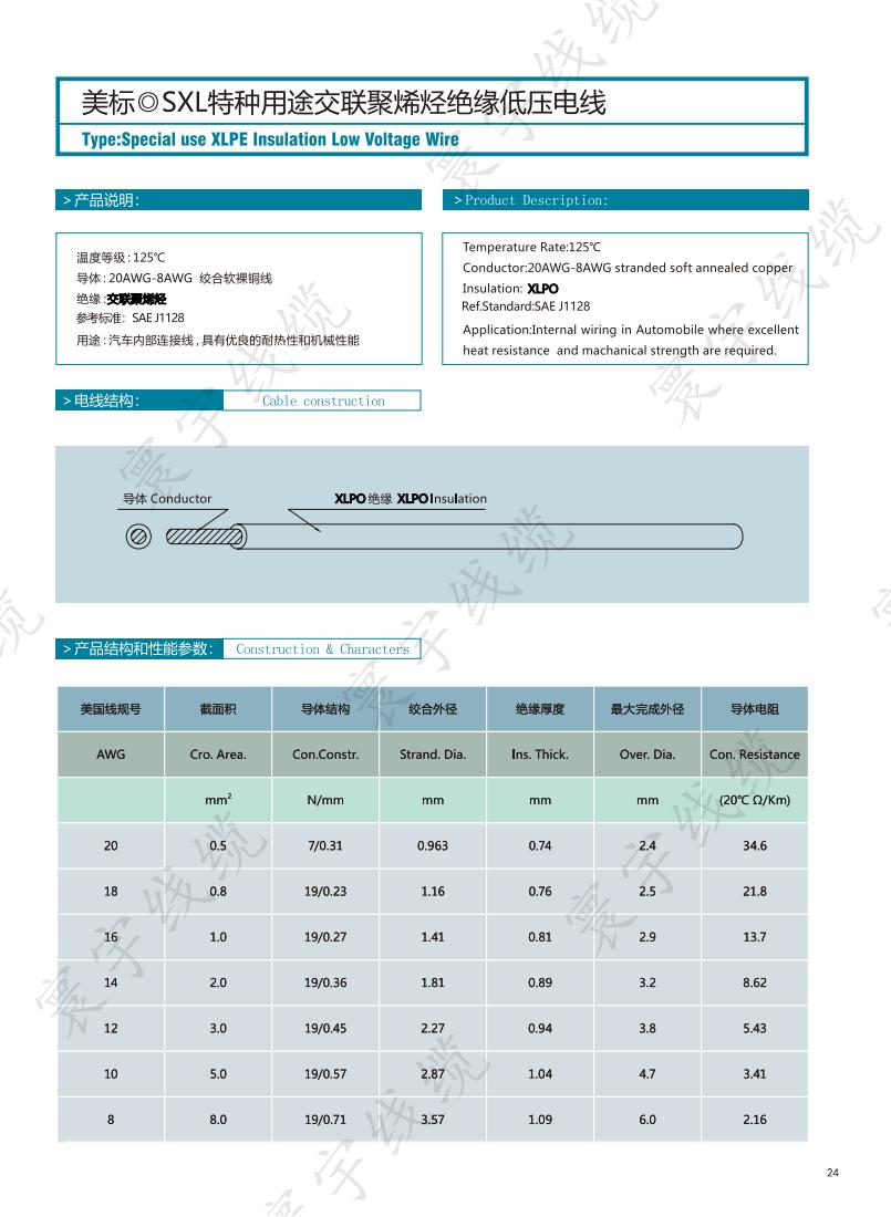 美标SXL特种用途交联聚烯泾绝缘低压电线
