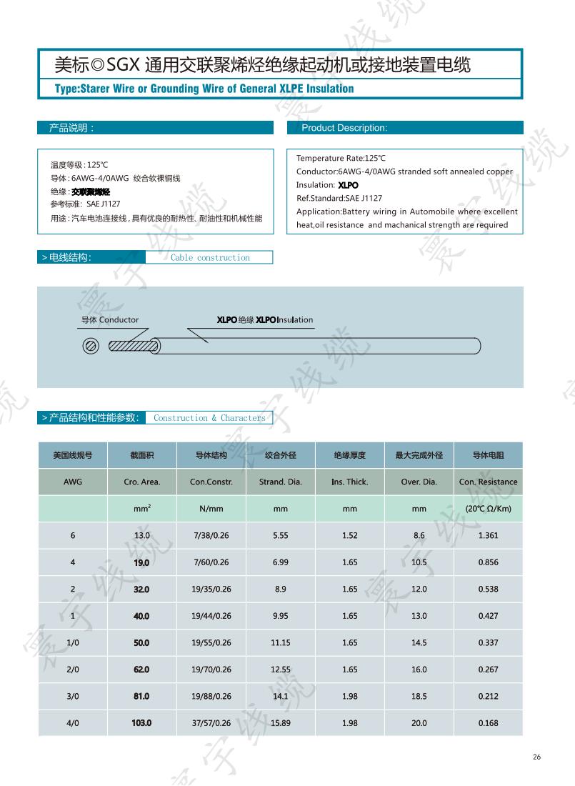 美标SGX通用交联聚烯泾绝缘起动机或接地装置电缆